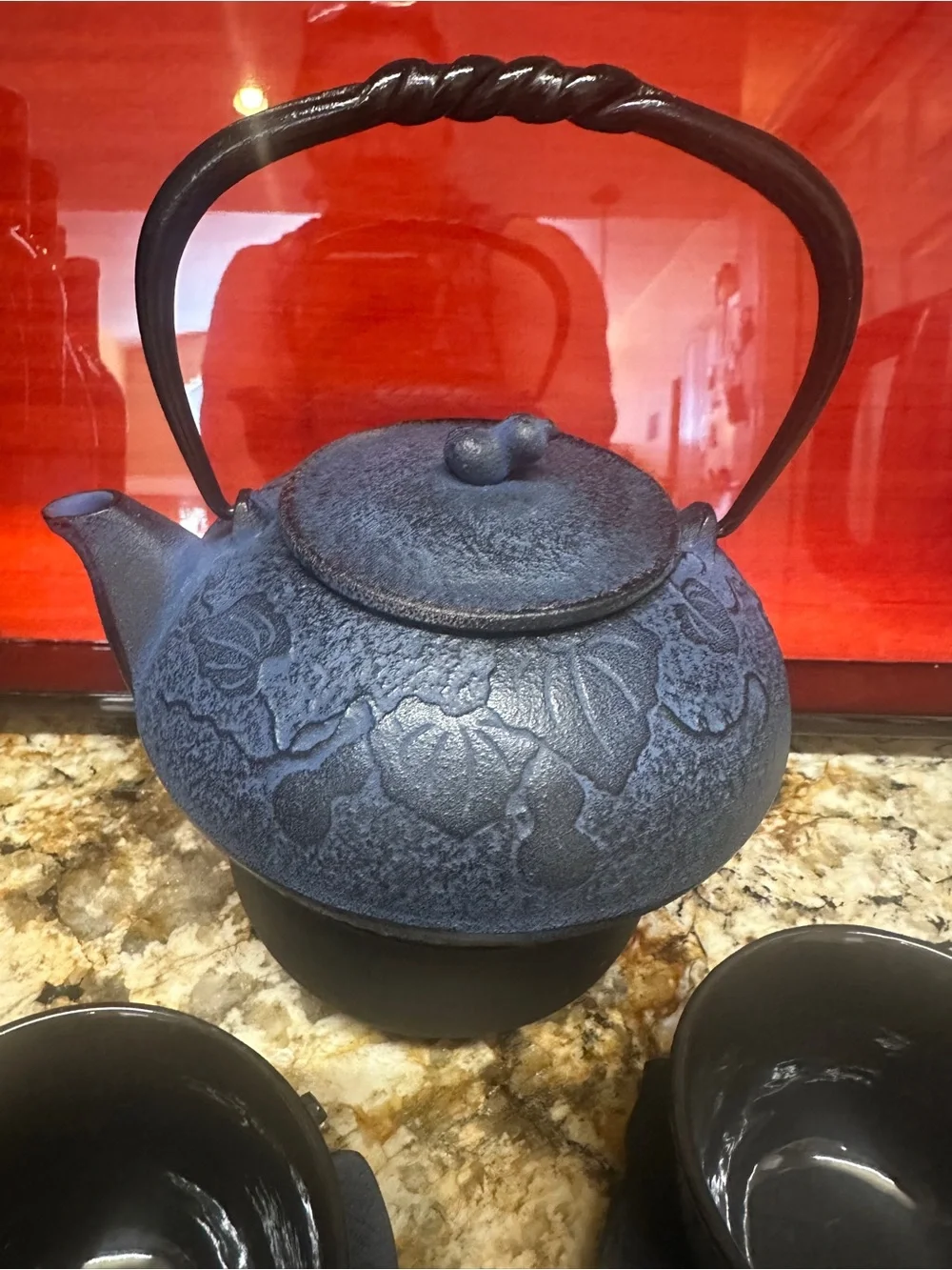 TeaVana Blue Cast Iron Teapot & Cups w/Floral Design & Black & Red Lacquer Tray